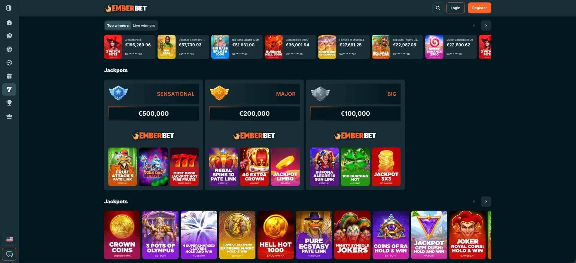 EmberBet jackpot games and prize levels