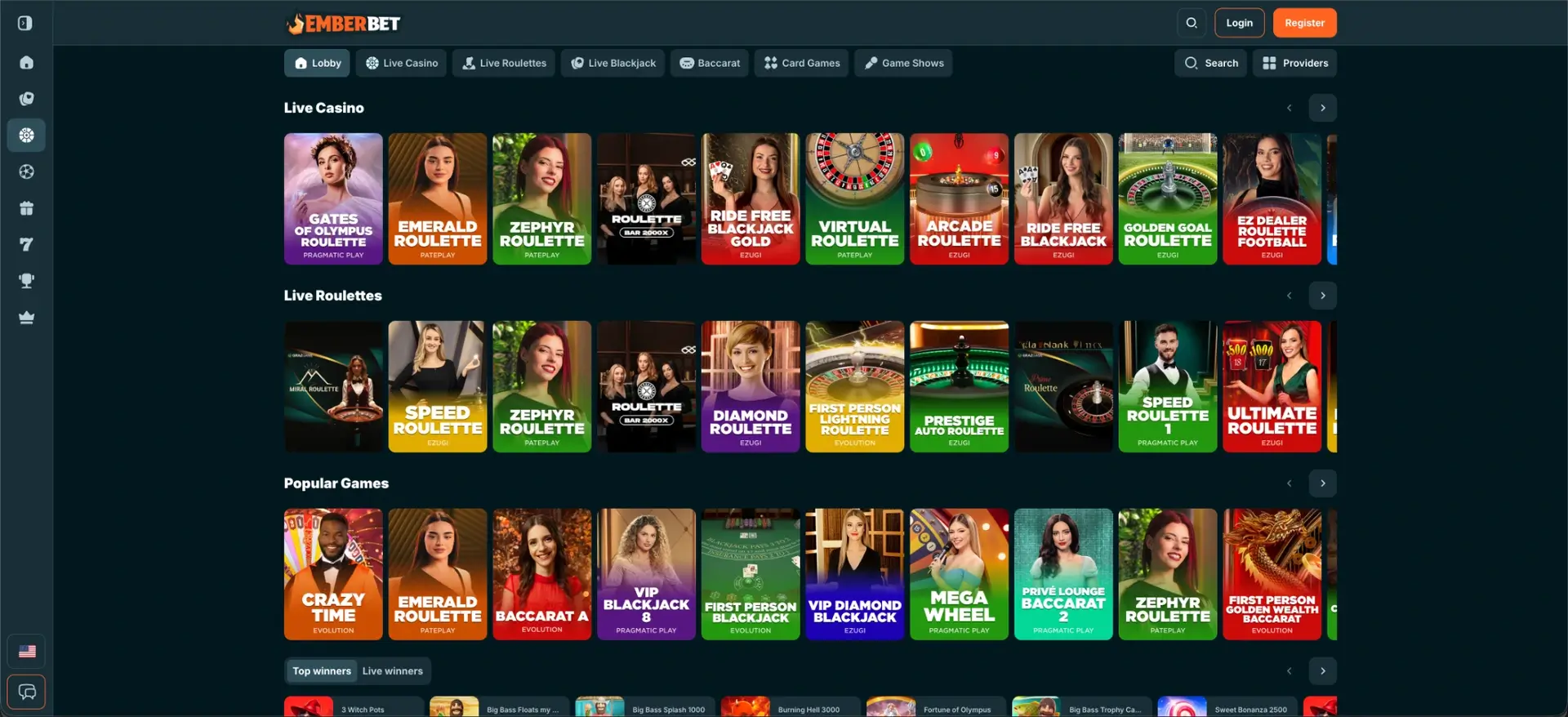 EmberBet live casino categories