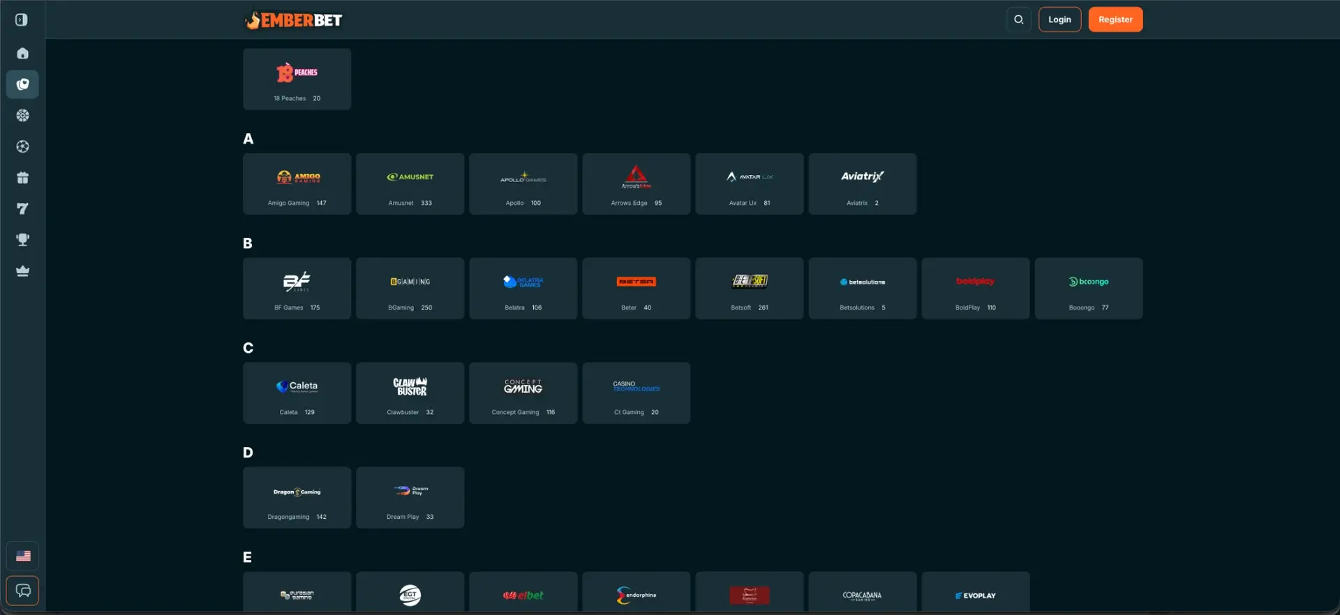 EmberBet providers directory and casino navigation