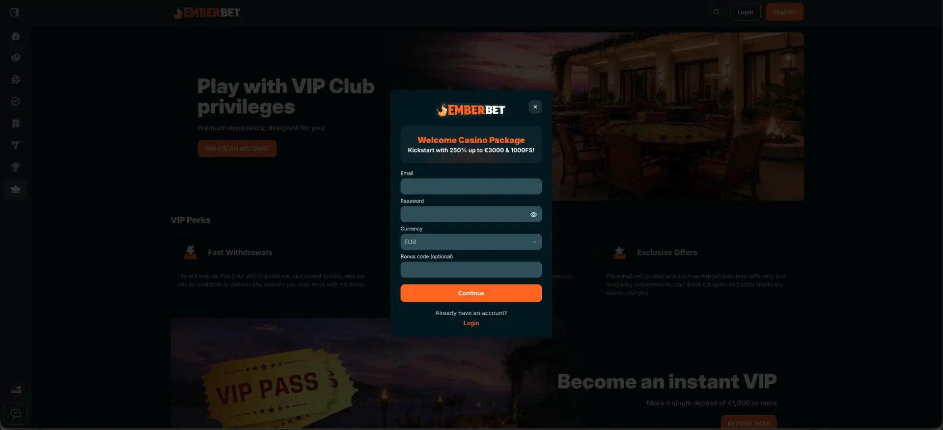 EmberBet account registration form