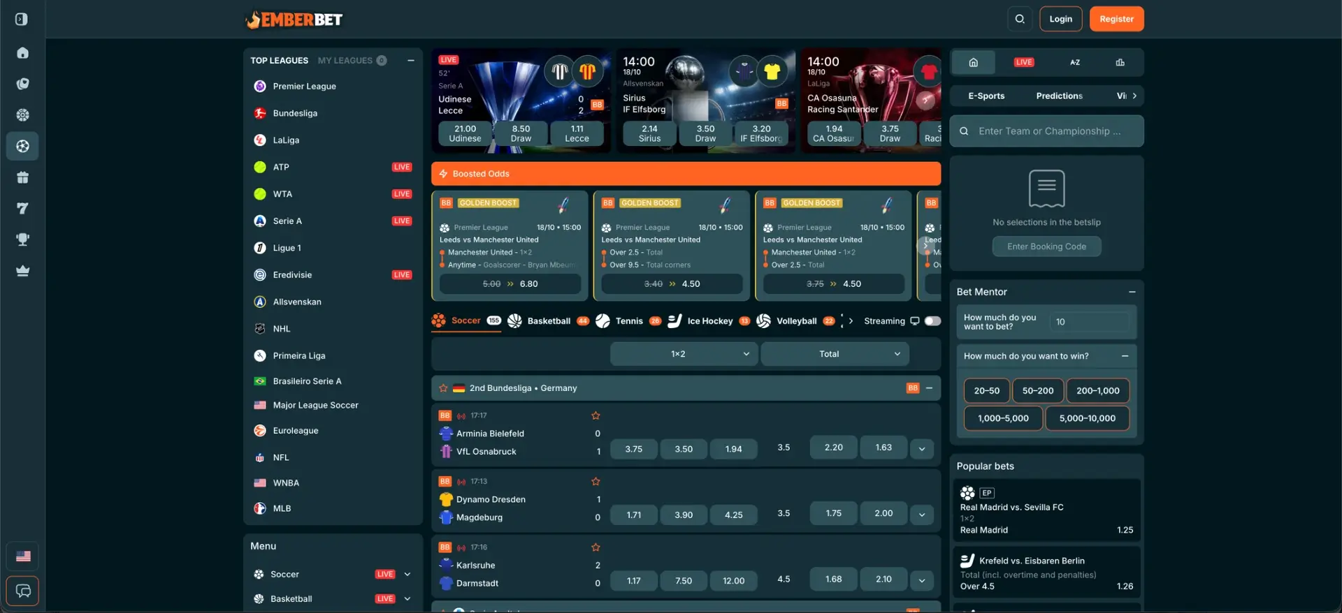 EmberBet sportsbook and live betting markets
